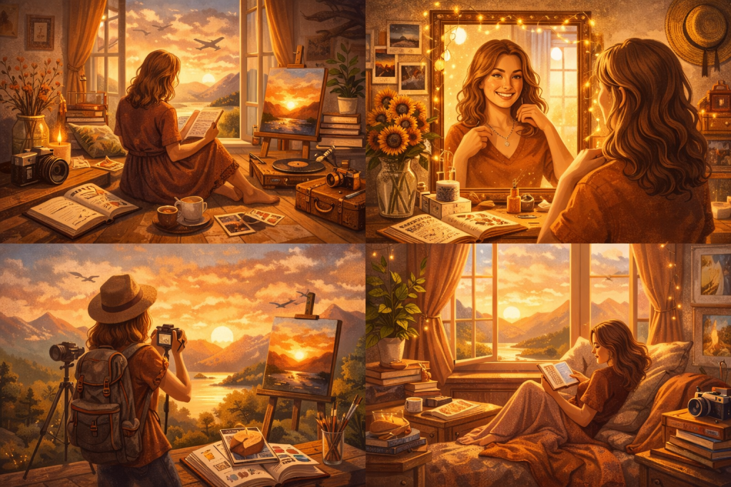 Four warm-toned illustrations showing creative, cozy moments of reading, self-reflection, photography, and mindful living.