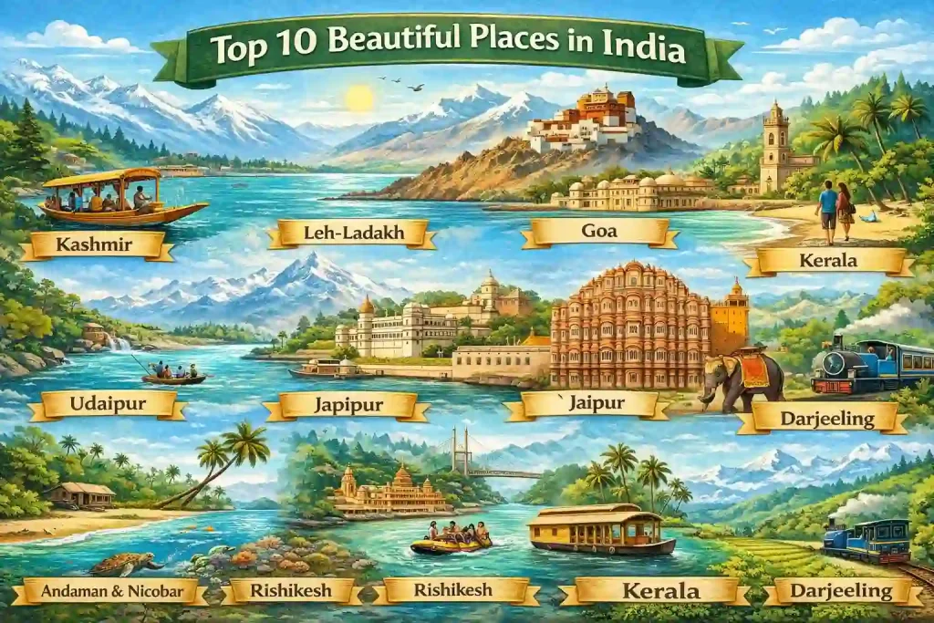 Illustration showing the top 10 beautiful tourist places in India.