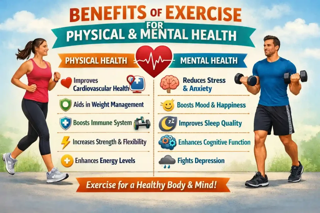 Benefits of exercise for physical and mental health infographic.