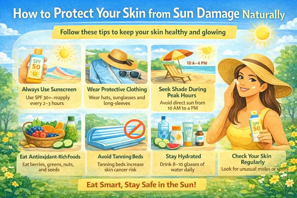 How to protect your skin from sun damage using sunscreen, protective clothing, shade, hydration, and healthy skincare habits