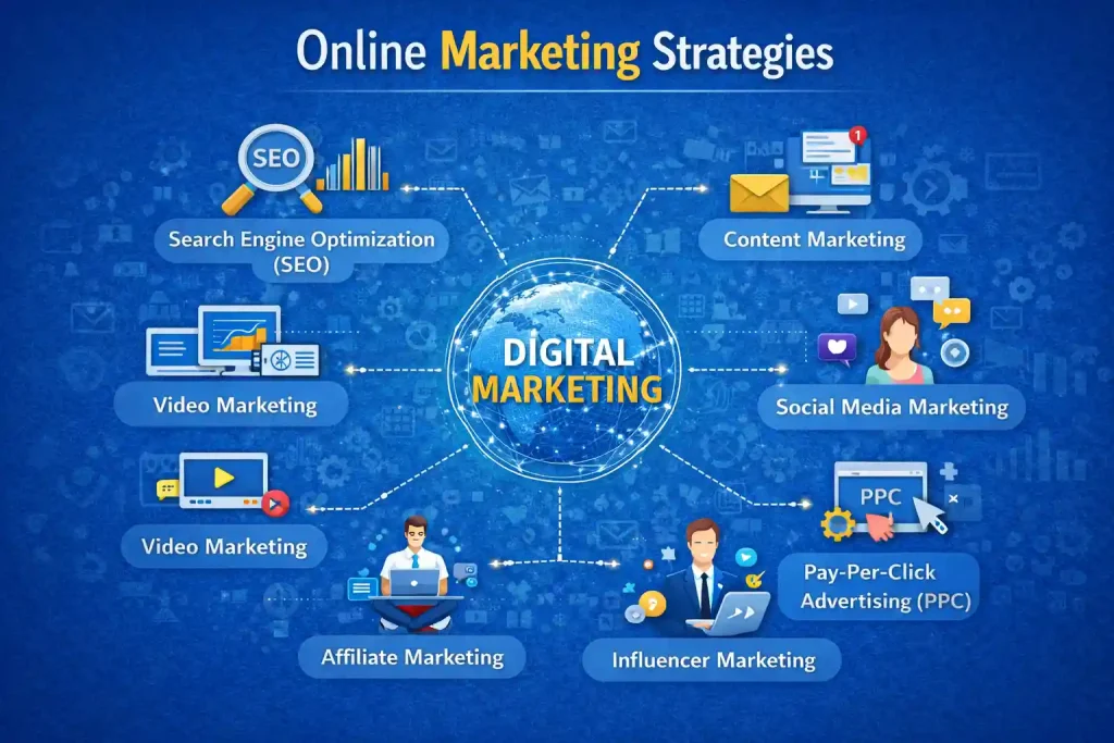 Online marketing strategies diagram showing digital marketing channels