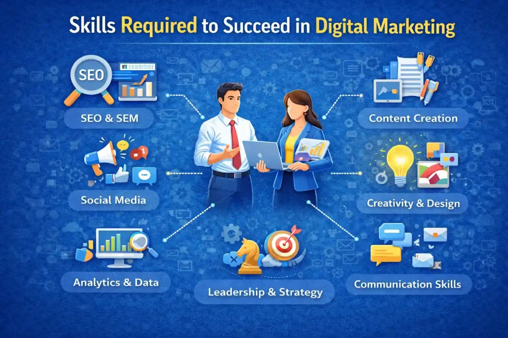 Skills required to succeed in digital marketing with icons for SEO, social media, analytics, content creation, creativity, and communication