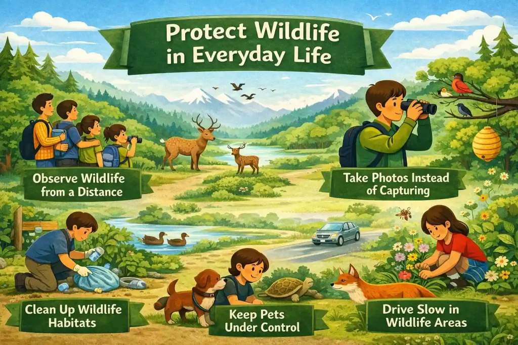 Horizontal illustration of eco-friendly habits like recycling, saving water, planting trees, and protecting nature.