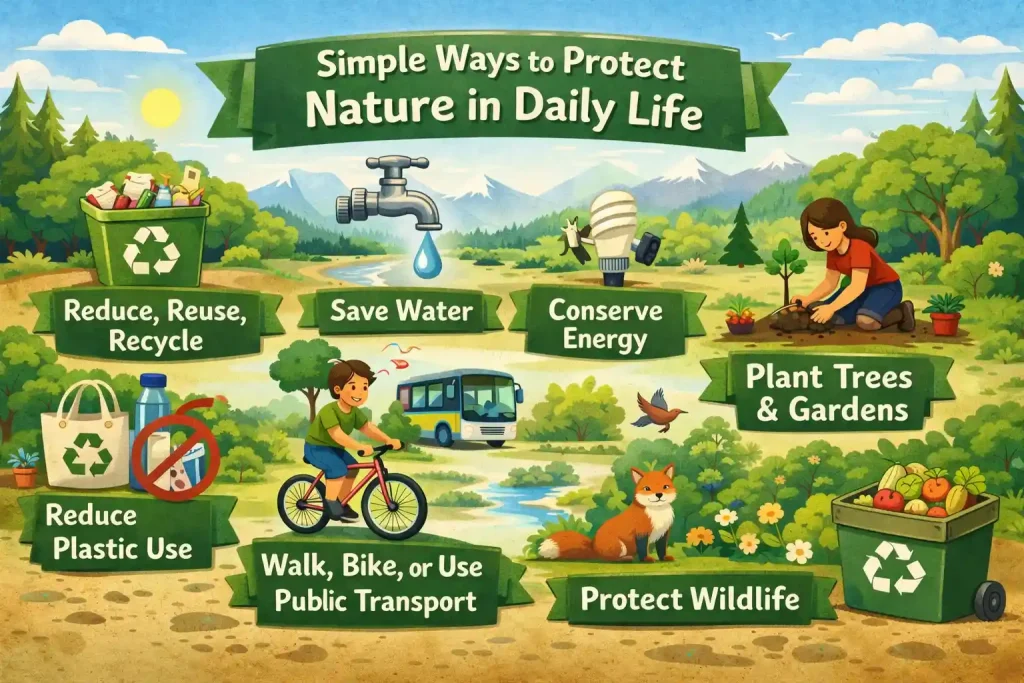 Simple ways to protect nature in daily life such as recycling, saving water, planting trees, and reducing plastic waste.