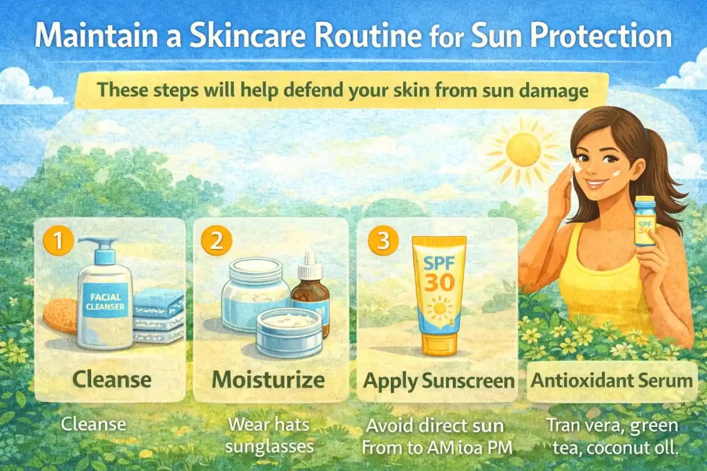 Maintain a skincare routine for sun protection with cleansing, moisturizing, applying SPF sunscreen, and antioxidant serum to prevent sun damage