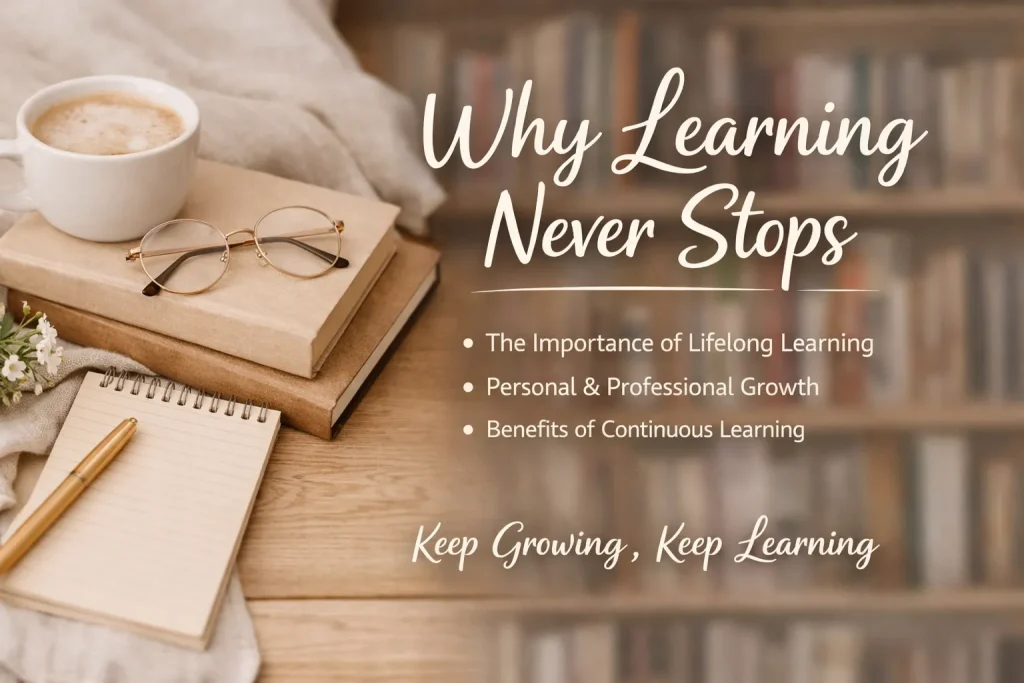 Flat lay image showing books, notebook, coffee cup, glasses, and motivational text “Why Learning Never Stops” representing lifelong learning and personal growth.